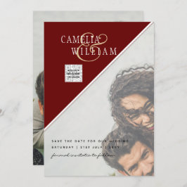 Burgundy Foto Wedding Invite Rett Date QR Code Einladung