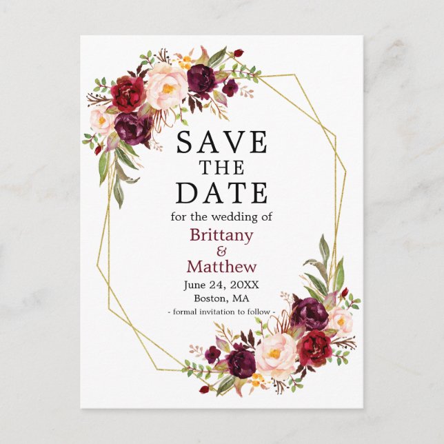 Burgundy Geo Frame Save the Date Postkarte (Vorderseite)