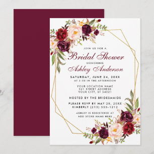 Burgundy Geometric Gold Frame Brautparty Einladung