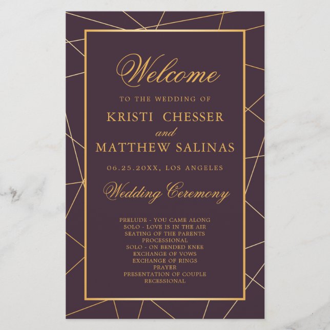 Burgundy Geometric Gold Frame Wedding Program Card (Vorderseite)