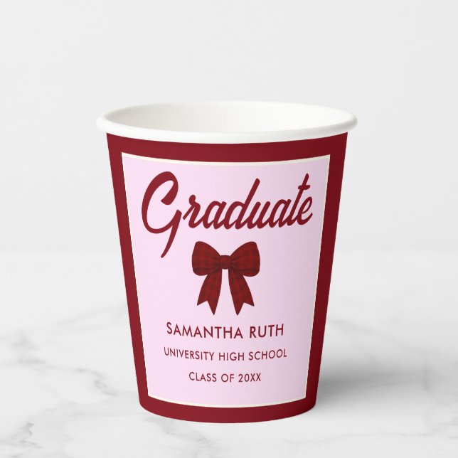 Burgundy Gingham Bow Graduation Party Paper Cups Pappbecher (Vorderseite)