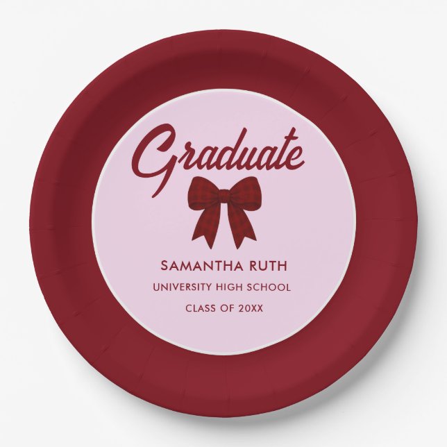Burgundy Gingham Bow Graduation Party Pappteller (Vorderseite)