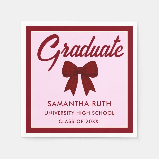 Burgundy Gingham Bow Graduation Party Serviette (Vorderseite)