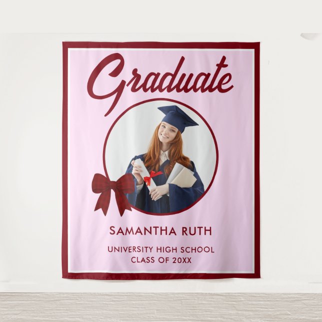 Burgundy Gingham Bow Photo Graduation Backdrop Wandteppich (Vorderseite)