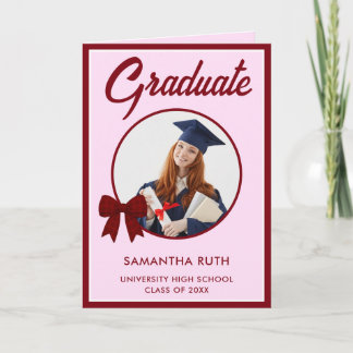 Burgundy Gingham Bow Photo Graduation  Karte