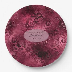 Burgundy Glam Foil Glitzer Damask Wedding Pappteller