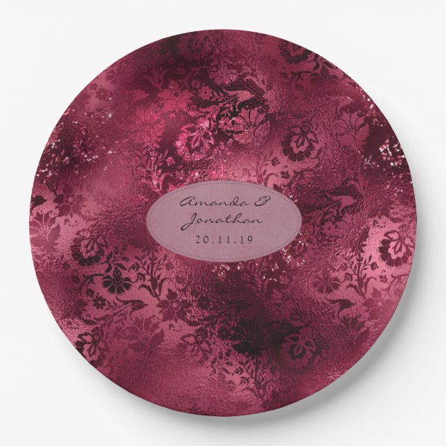 Burgundy Glam Foil Glitzer Damask Wedding Pappteller (Vorderseite)