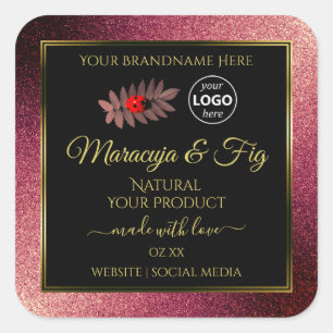 Burgundy Glitzer Black Product Labels Ladybug Logo Quadratischer Aufkleber