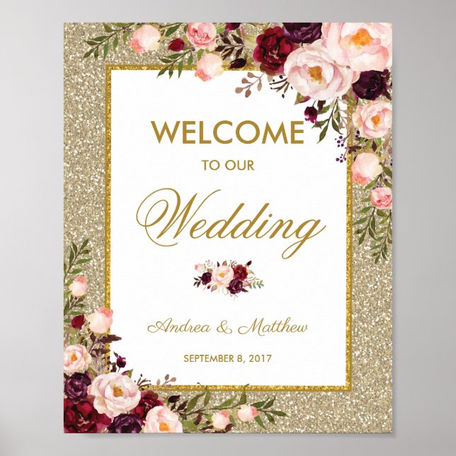 Burgundy Glitzer Wedding Welcome Poster (Vorne)