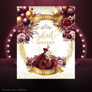 Burgundy Gold 16 . Geburtstag Banner Balloons Glit Wandteppich