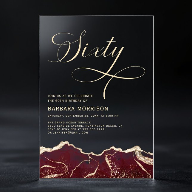 Burgundy Gold Agate 60. Geburtstagsparty Acryleinladungen (Von Creator hochgeladen)