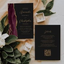 Burgundy Gold Agate Dark QR Code Wedding