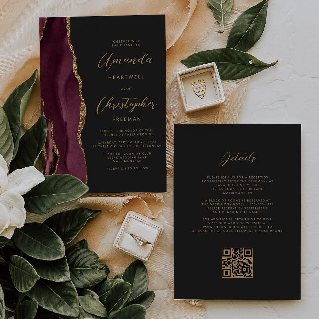 Burgundy Gold Agate Dark QR Code Wedding Einladung (Von Creator hochgeladen)