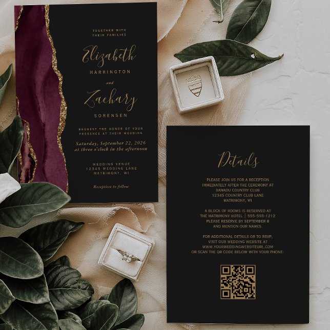 Burgundy Gold Agate Dark QR Code Wedding Einladung (Von Creator hochgeladen)