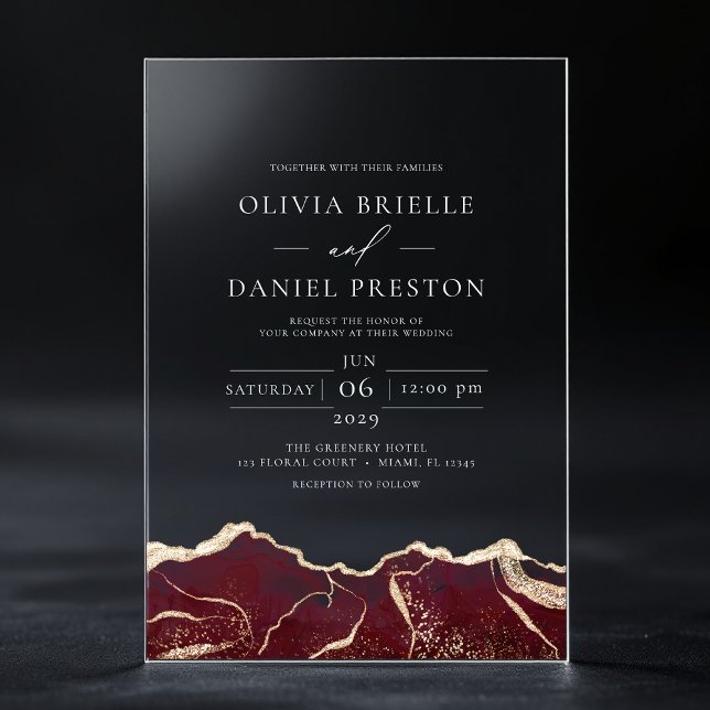Burgundy Gold Agate Elegante Moderne Hochzeit Acryleinladungen (Von Creator hochgeladen)