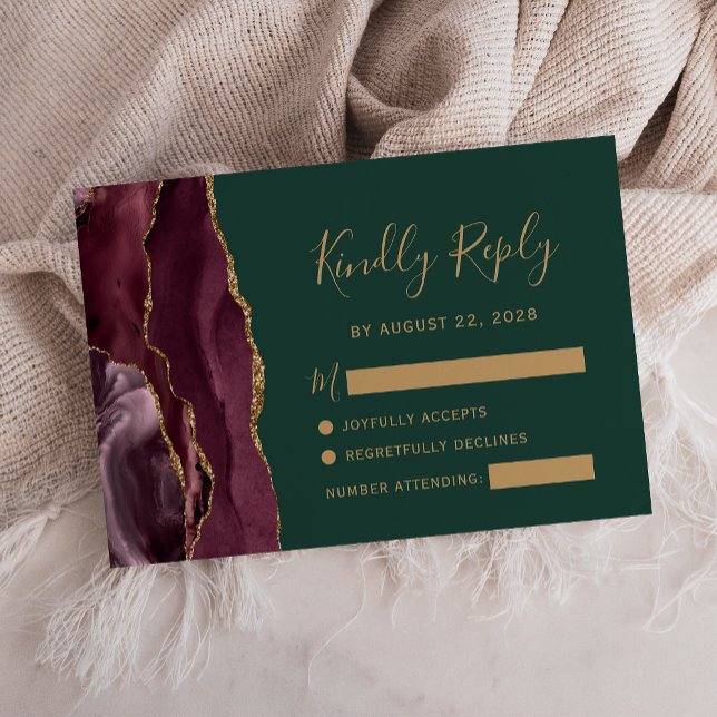 Burgundy Gold Agate Emerald Green Wedding RSVP Karte (Von Creator hochgeladen)