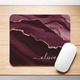 Burgundy Gold Agate Geode Gold Monogram Mousepad