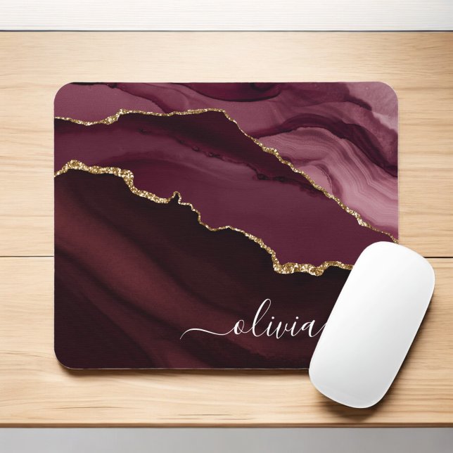 Burgundy Gold Agate Geode Gold Monogram Mousepad (Von Creator hochgeladen)