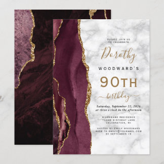 Burgundy Gold Agate Marble 90. Geburtstagsparty Einladung