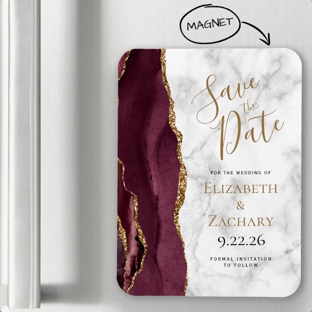 Burgundy Gold Agate Marble Save the Date Magnet (Von Creator hochgeladen)
