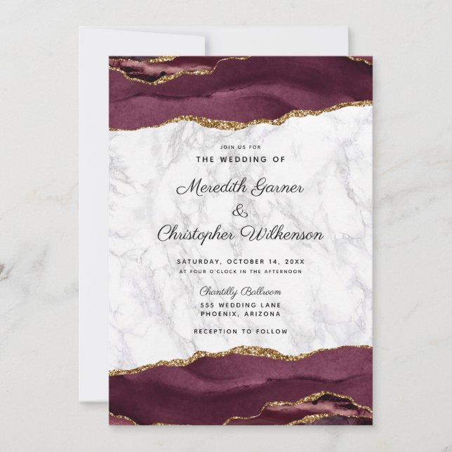 Burgundy Gold Agate Marble Wedding Einladung (Vorderseite)