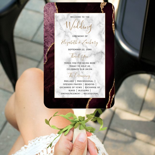 Burgundy Gold Agate Marble Wedding Program Fächer (Von Creator hochgeladen)