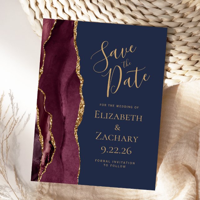 Burgundy Gold Agate Navy Blue Save the Date Ankündigungspostkarte (Von Creator hochgeladen)