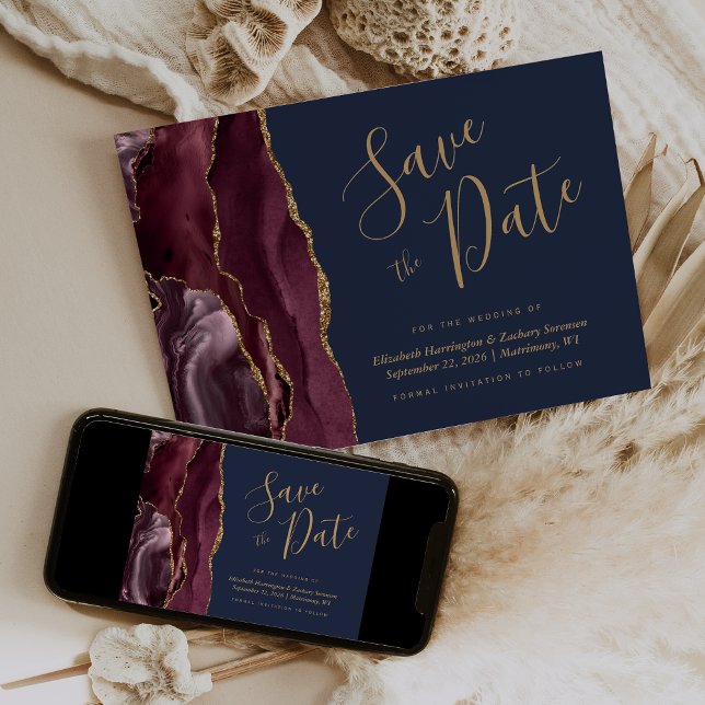 Burgundy Gold Agate Navy Blue Save the Date Einladung (Von Creator hochgeladen)