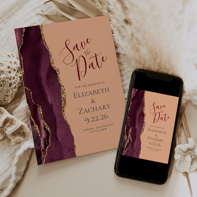 Burgundy Gold Agate Peach Save the Date Ankündigung (Von Creator hochgeladen)