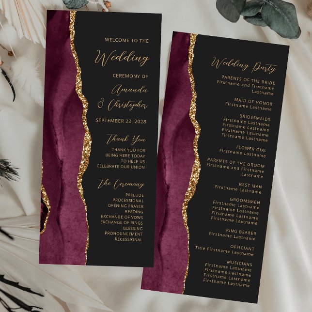 Burgundy Gold Agate Script Dark Wedding Program (Von Creator hochgeladen)