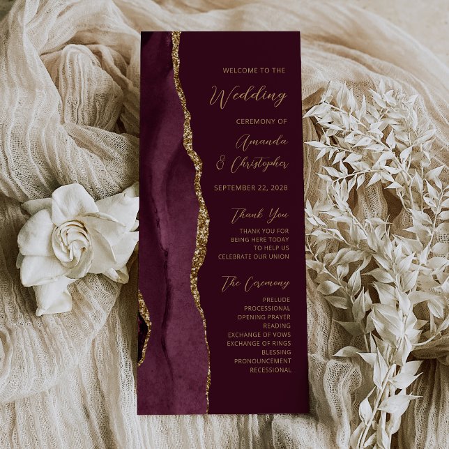 Burgundy Gold Agate Script Wedding Programm (Von Creator hochgeladen)