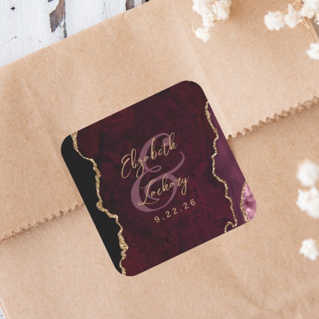 Burgundy Gold Agate Script Wedding Quadratischer Aufkleber (Von Creator hochgeladen)