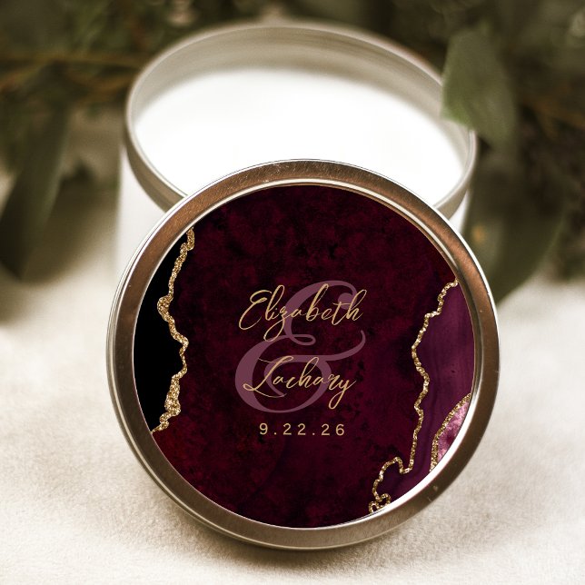 Burgundy Gold Agate Script Wedding Runder Aufkleber (Von Creator hochgeladen)