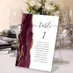 Burgundy Gold Agate Script Wedding Tischnummer Sockelschild<br><div class="desc">Der links Rand dieses eleganten modernen Hochzeitssockels mit Tischnummer besticht durch eine bordeauxrote Aquarellgrenze,  die mit Imitaten mit goldenem Glitzer bestickt wurde. Das Wort "Tabelle" erscheint in einem weißen Hintergrund in einem grau-weißem Holzkohle-Skript. Fügen Sie die Namen Ihrer Gäste hinzu,  die jeder Tabelle zugeordnet sind.</div>