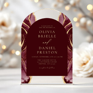 Burgundy Gold Agate Wedding Elegante Moderne Acryleinladungen