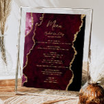 Burgundy Gold Agate Wedding Table Menü Poster<br><div class="desc">Das elegante,  moderne Hochzeitsmenü mit links Hand besticht durch eine bordeauxrote Aquarellgrenze mit vergoldetem Imitat-Glitzer. Das Wort "Menü" erscheint in einem goldfarbenen Schriftzeichen. Personalisieren Sie den restlichen Text mit den Namen des Paares,  dem Hochzeitstermin und den Menüdetails.</div>