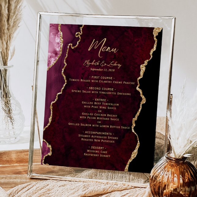 Burgundy Gold Agate Wedding Table Menü Poster (Von Creator hochgeladen)