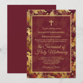 Burgundy & Gold Autumn Leaves Catholic Wedding Einladung