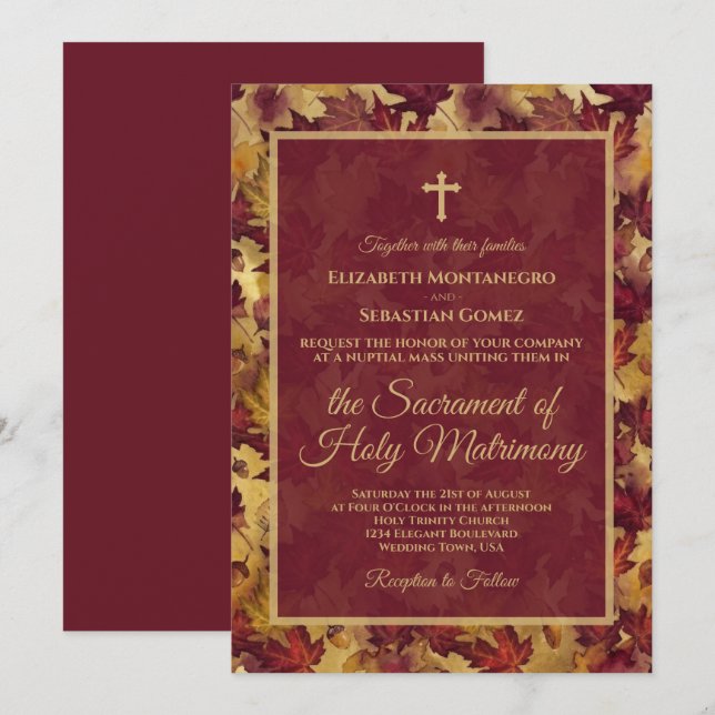 Burgundy & Gold Autumn Leaves Catholic Wedding Einladung (Vorne/Hinten)