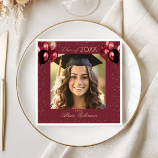 Burgundy Gold Balloons Graduation Party Photo Serviette