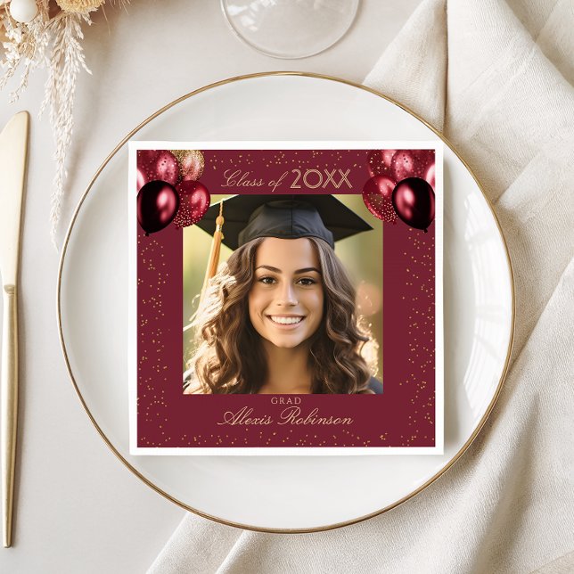 Burgundy Gold Balloons Graduation Party Photo Serviette (Von Creator hochgeladen)