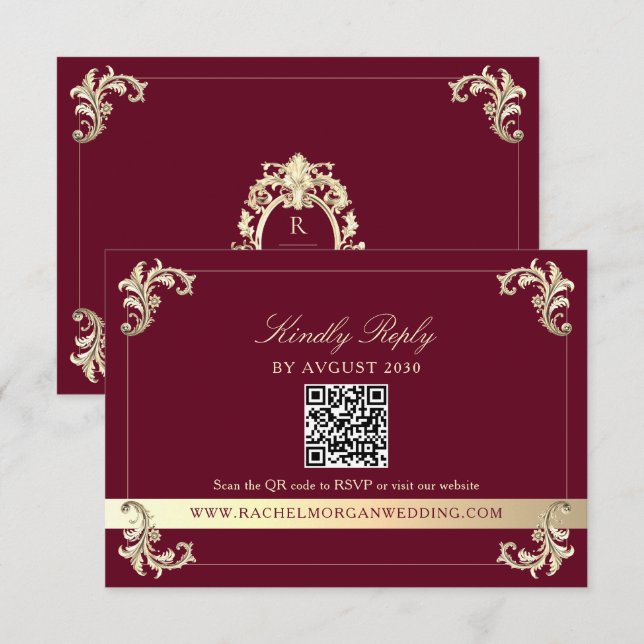 Burgundy Gold Baroque QR Code Wedding RSVP Karte (Vorne/Hinten)
