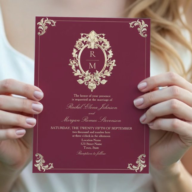 Burgundy Gold Baroque Wedding Einladung (Von Creator hochgeladen)