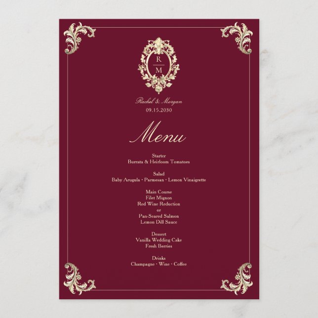 Burgundy Gold Baroque Wedding Reception Menükarte (Vorderseite)
