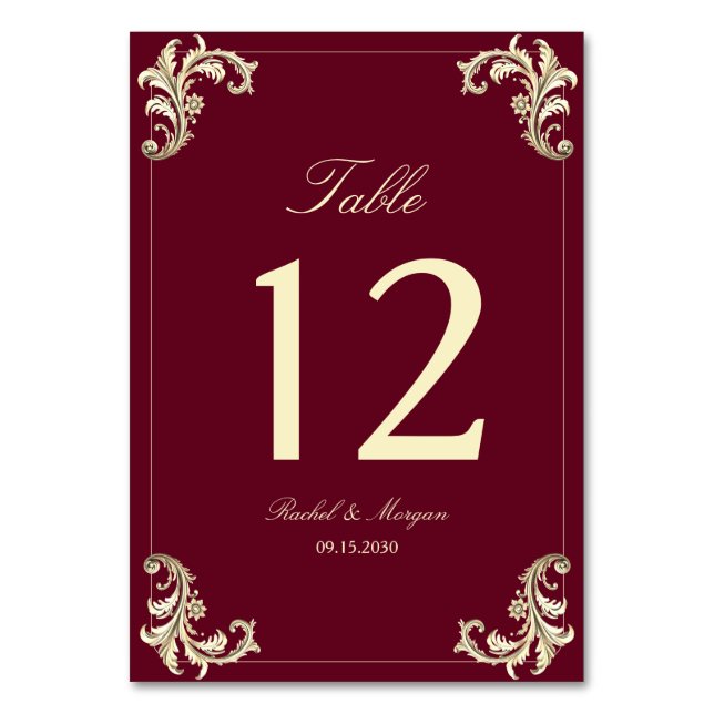 Burgundy Gold Baroque Wedding Tischnummer (Vorderseite)