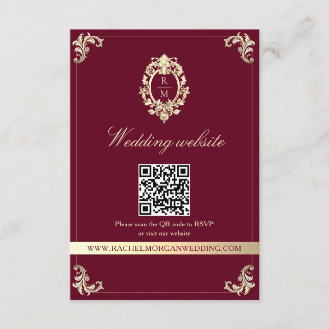 Burgundy Gold Baroque Wedding Website QR Card Begleitkarte (Vorderseite)