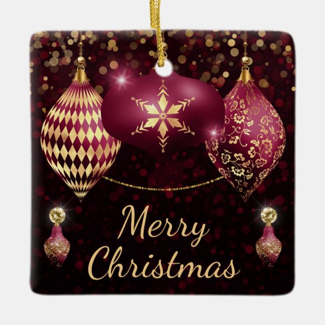 Burgundy & Gold Baubles Frohe Weihnachten Keramikornament (Vorderseite)