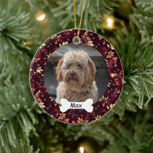Burgundy Gold Blätter Custom Pet Puppy Dog Foto Keramik Ornament (Baum)