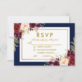 Burgundy Gold Blue Floral Wedding RSVP Karte