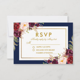 Burgundy Gold Blue Watercolor Floral Wedding RSVP Karte